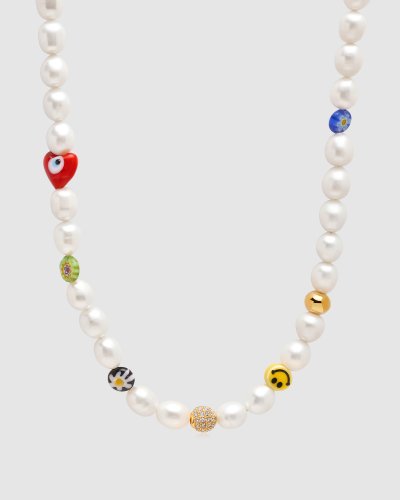 Men's Smiley Face Pearl Choker with Assorted Beads