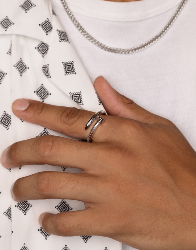 Nialaya Jewellery - Men's Silver Nail Ring with Dorje Engraving