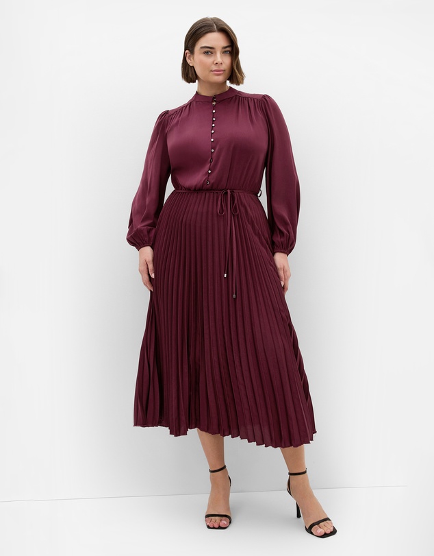 City Chic - Plus size Halle Long Sleeve Pleat Dress - bordeaux