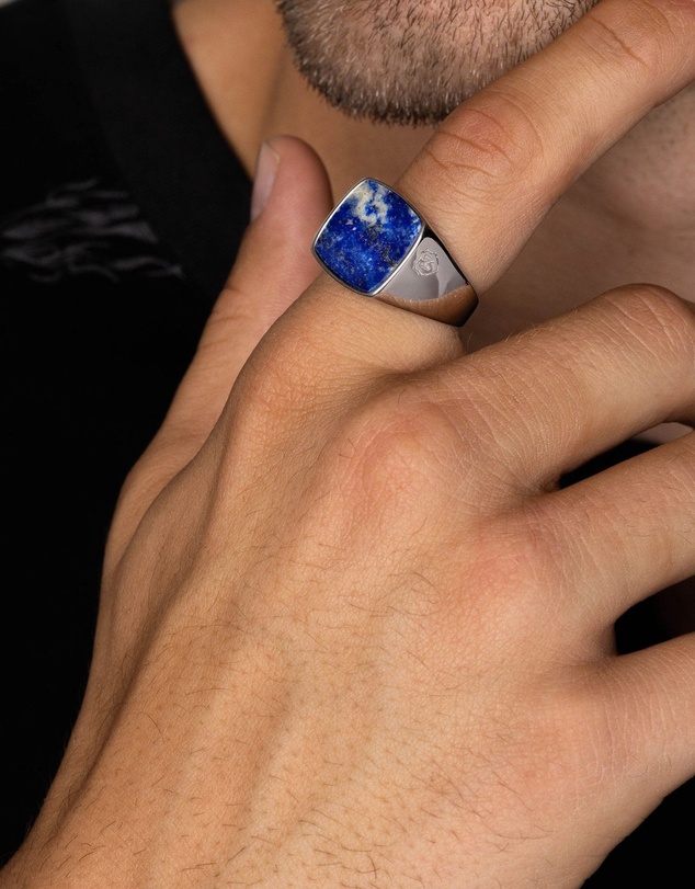 Nialaya Jewellery - Silver Signet Ring with Blue Lapis