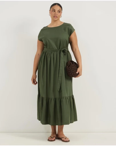 Atmos&Here Curvy - Marnie Linen Blend Maxi Dress With Flutter Sleeve And Tie
