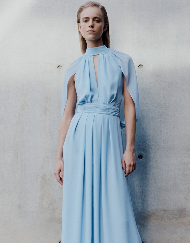Carla Zampatti - Powder Blue Georgette Halter Cape Gown