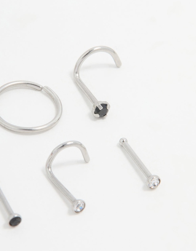Lovisa - Surgical Steel Black Cubic Zirconia Nose Ring & Stud 6-Pack