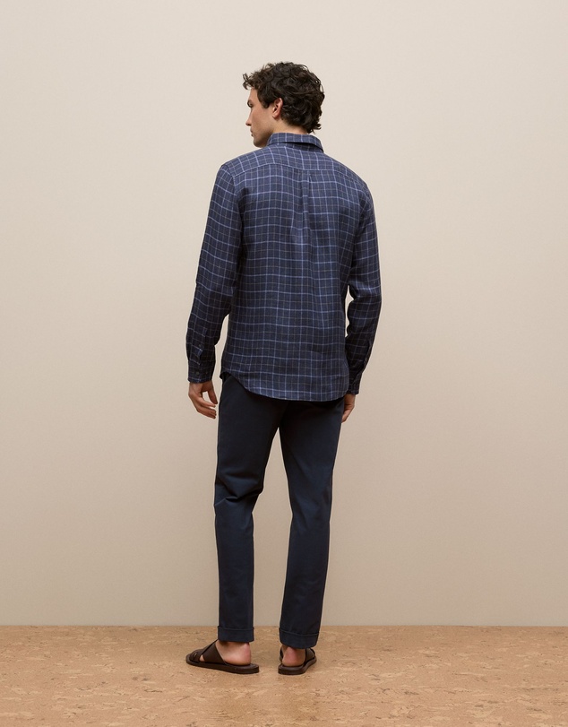 Trenery - Regular Fit Linen Fine Check Shirt in Navy