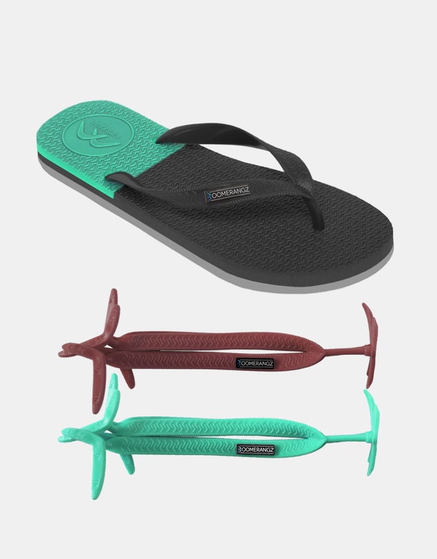 Boomerangz Footwear - Men's Black/Grey/Teal Thongs with arch support and 2 x interchangeable straps