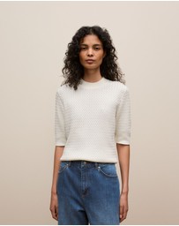 Trenery - Cotton Cashmere Cable Mock Neck Knit in Ivory