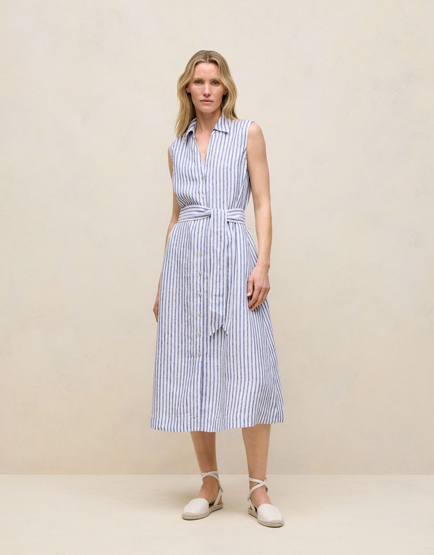 Trenery - Yarn Dyed Linen Stripe Sleeveless Shirt Dress in Vivid Blue
