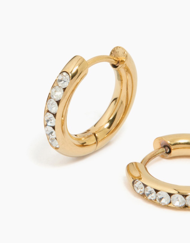 Lovisa - Waterproof Gold Plated Stainless Steel Round Diamante Clicker Hoop Earrings