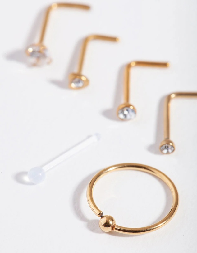 Lovisa - Gold Surgical Steel Mixed Diamante Nose Stud 6-Pack