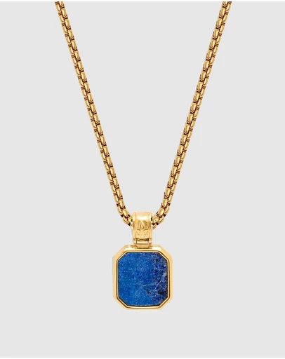 Nialaya Jewellery - Men's Gold Necklace with Square Blue Lapis Pendant