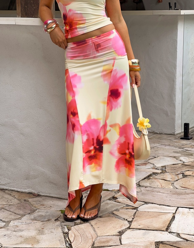 Beginning Boutique - Alora Yellow and Pink Floral Print Hanky Hem Maxi Skirt