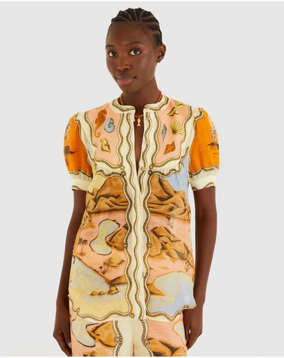 Farm Rio - Rio Souvenir Mixed Scarves Short Sleeve Blouse