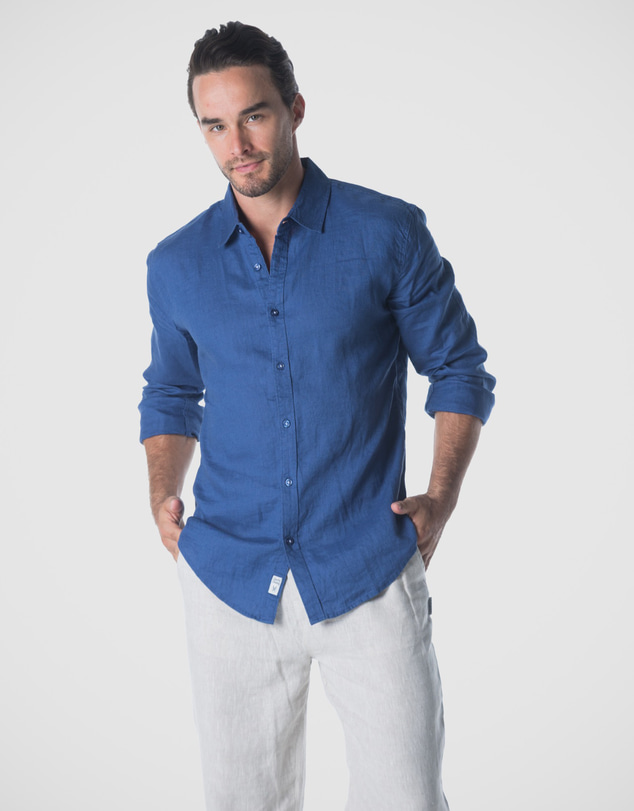 Coast Clothing - Long Sleeve Linen Shirt: Indigo Blue