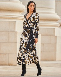 Sosandar - Floral Print Contrast Trim Midi Wrap Dress