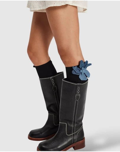 High Heel Jungle - Denim Flower Tall Socks