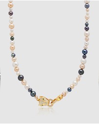 Nialaya Jewellery - Multi-Colored Pearl Necklace with Gold Plated Panther Head Lock