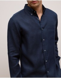 Trenery - Regular Fit Linen Classic Long Sleeve Shirt in Navy