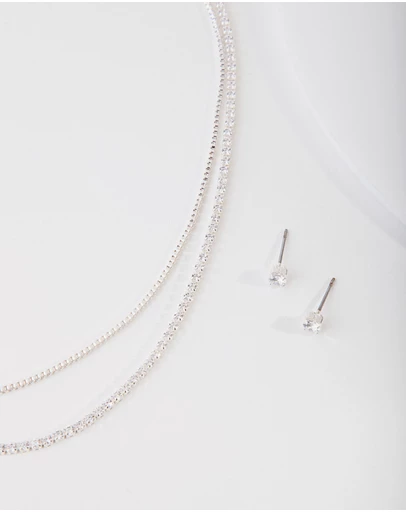 Lovisa - Cubic Zirconia Multi-Layered Necklace & Earrings Set