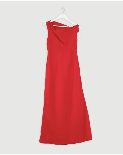 Revibe - Repaired AERE Fia Linen Draped Off Shoulder Maxi Dress - AU 10