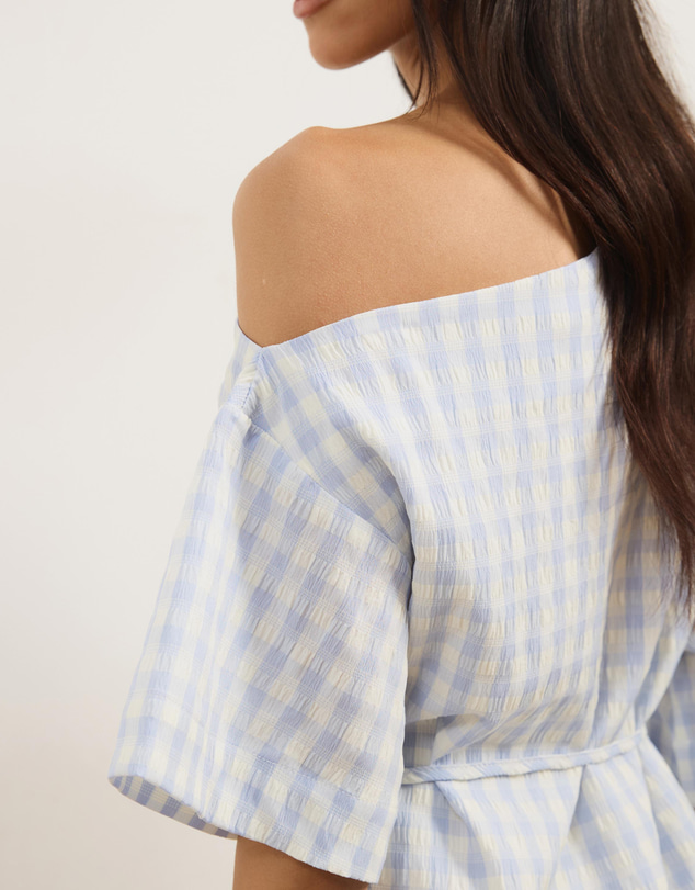 Atmos&Here - Olive Off Shoulder Gingham Mini Dress With Tie Waist