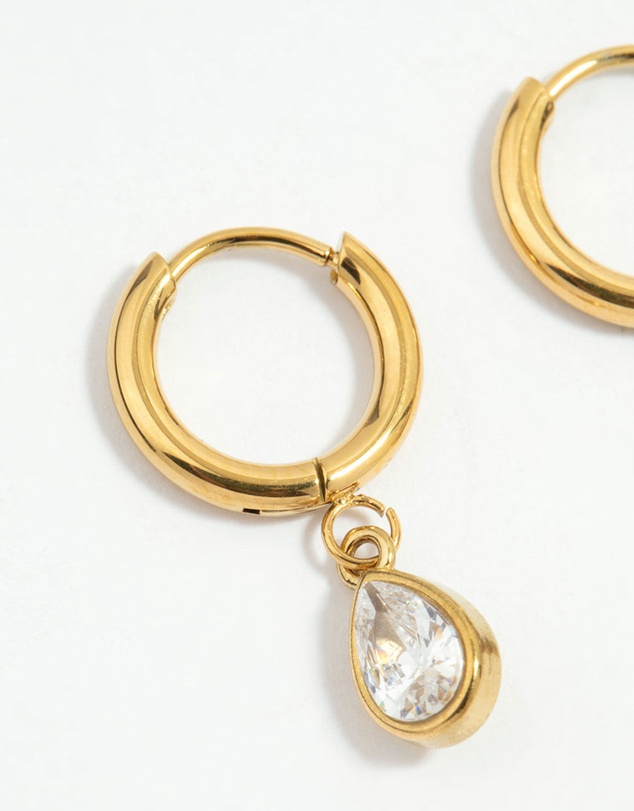 Lovisa - Waterproof Gold Plated Stainless Steel Cubic Zirconia Chain Droplet Earrings 2-Pack