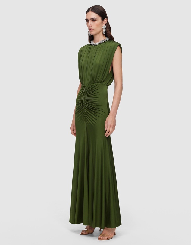 Self Portrait - Olive Jersey Gathered Maxi Dress