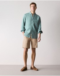 Trenery - Regular Fit Delave Linen Long Sleeve Shirt in Jade