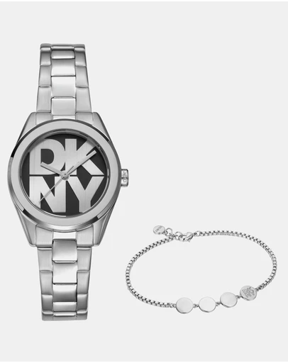 DKNY - Logo Silver 28mm Black Dial Womens Watch + Silver Bracelet