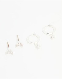 Lovisa - Silver Plated Brass Diamante Baguette Flower Hoop & Stud Earrings 4-Pack