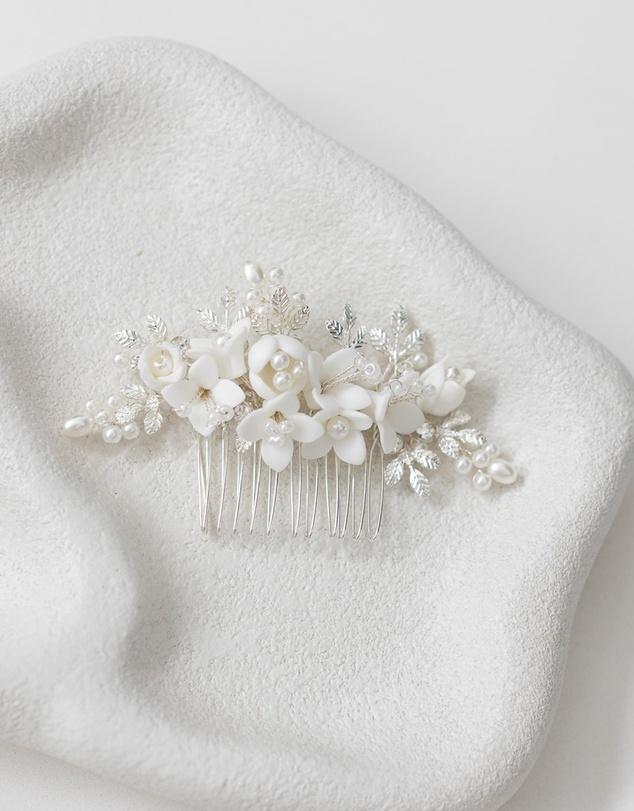 The White Collection - Cora - Freshwater Pearl and Floral Detail Silver Bridal Comb
