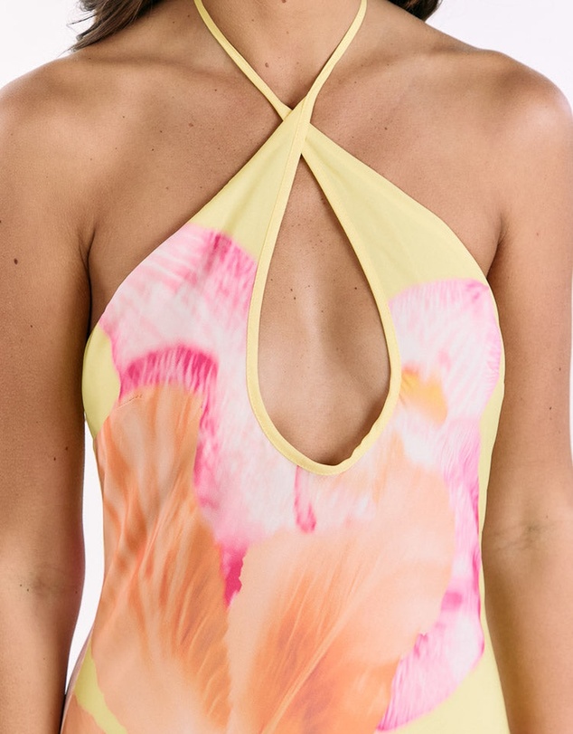 Beginning Boutique - Elowen Yellow Hibiscus Floral Halter Maxi Dress
