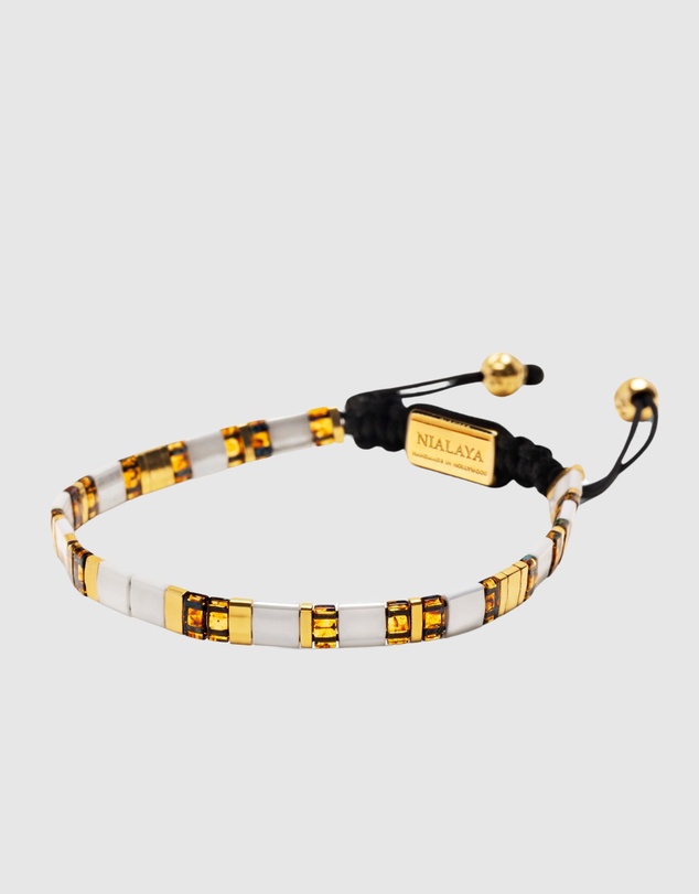 Nialaya Jewellery - Men's Bracelet With White, Marbled Amber And Gold Miyuki Tila Beads