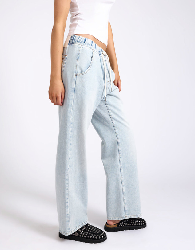 ONE TEASPOON - Roadhouse Mid Waist Wide Leg Drawstring Denim Jean - Blue Latte