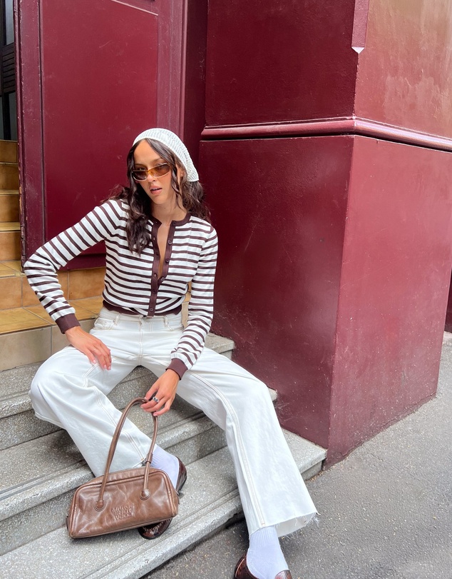 Beginning Boutique - Lottie Chocolate Stripe Round Neck Cardigan