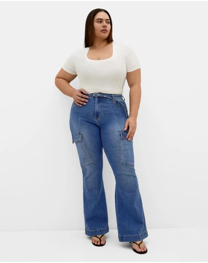 City Chic - Plus size Harley Fit Cargo Flare Leg Jean - mid wash