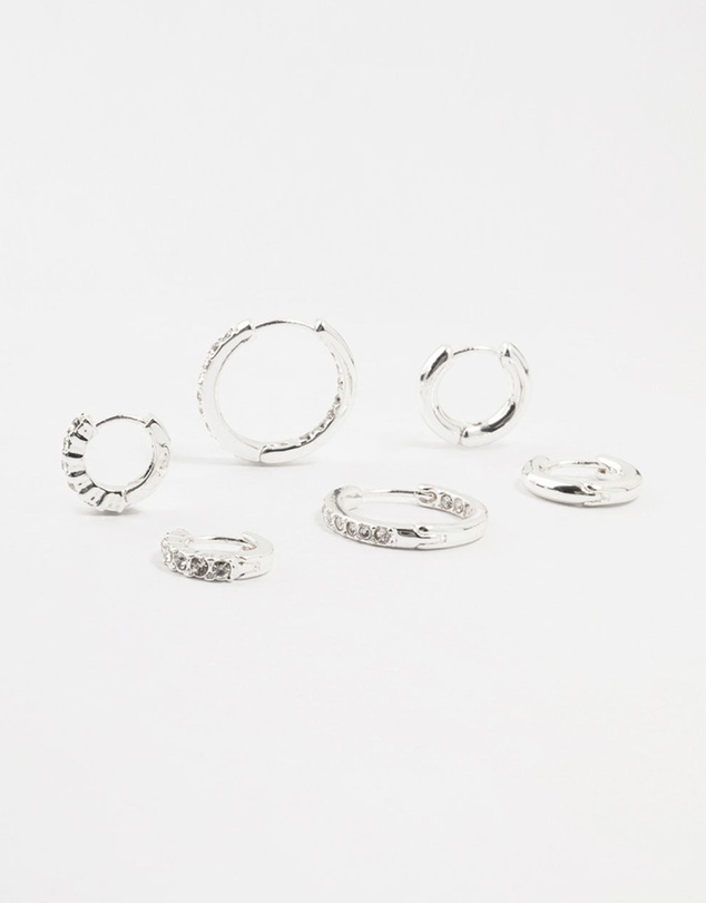 Lovisa - Silver Plated Diamante Huggie Earrings 3-Pack