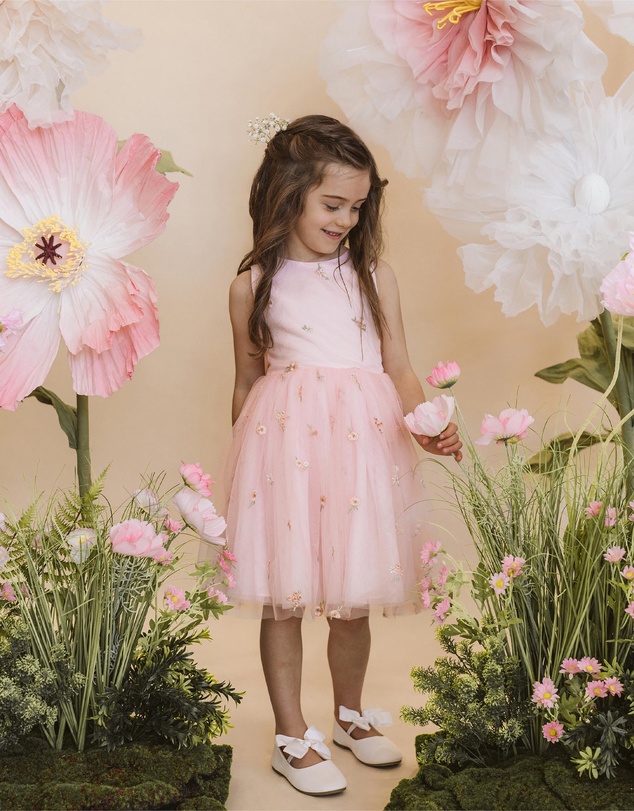 Bebe by Minihaha - Pink Floral Embroidered Back Bow Tulle Dress - Kids