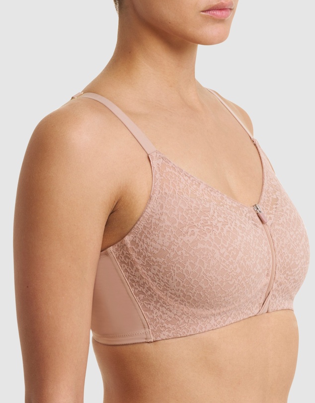 Natori - Pretty Smooth Zip Front Pocketed Post-Surgery Bra With Cotton & Lace