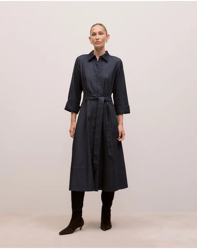 Trenery - Denim Pleat Detail Shirt Dress in Dark Indigo