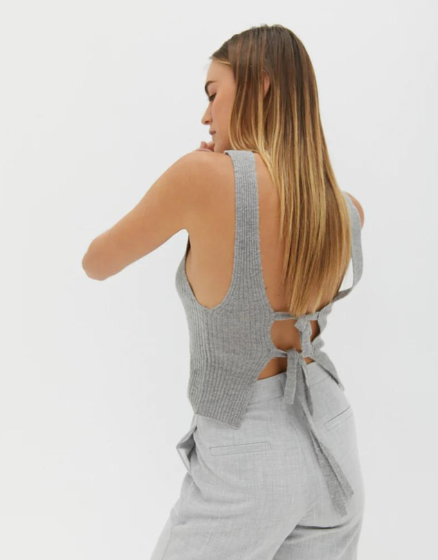 Style Addict - Mock Neck Tie Back Top - Grey