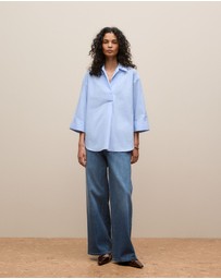 Trenery - Yarn Dyed Cotton Poplin Half Sleeve Shirt in Sky