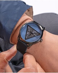 GUESS - Guess Triangle Men's 44mm Blue Dial Gunmetal Case and Black Leather Strap