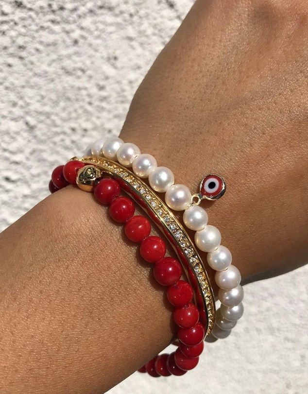 Nialaya Jewellery - Wristband with White Pearls and Red Evil Eye Charm