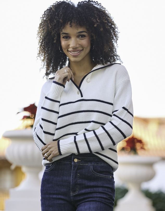 Sosandar - Stripe Gold Button Detail Collared Jumper