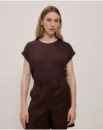 Trenery - Australian Cotton Cuff Sleeve T-shirt in Coffee