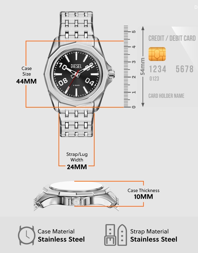Diesel - Stinger 3-Hand Silver Tone Analogue Watch