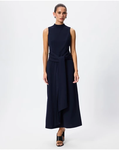 Tussah - Lillian High Neck Tie Waist Midi Dress