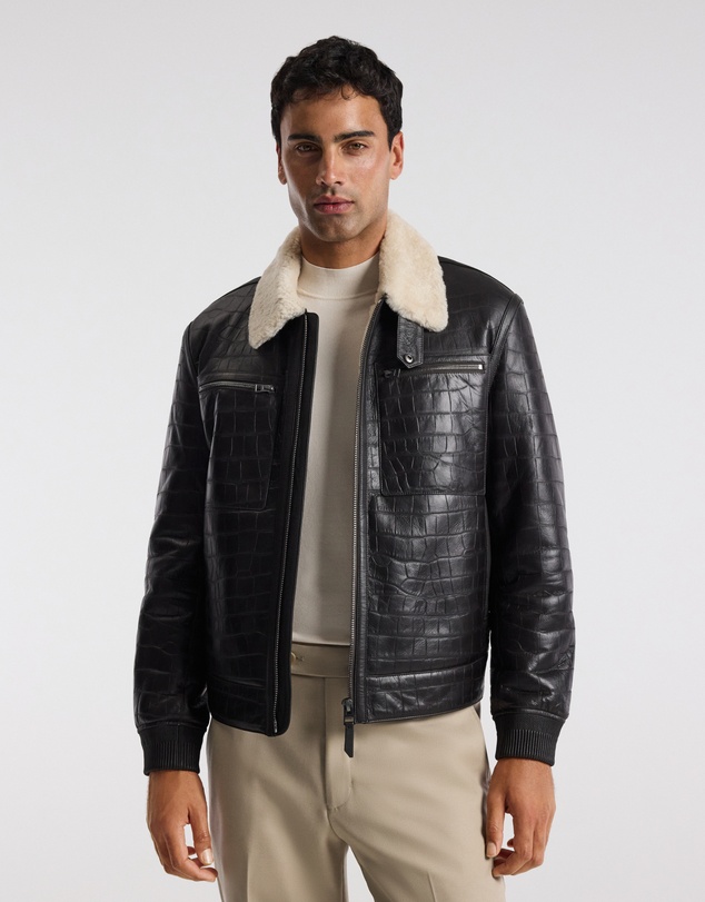 Calibre - Croc Embossed Leather Shearling Jacket Chocolate