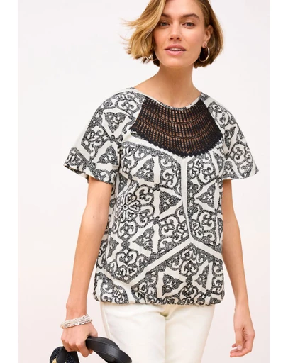 NEXT - Short Sleeve Crochet Bubblehem Top