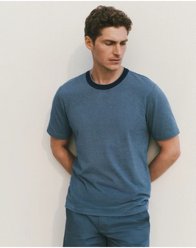 Trenery - Cotton Jacquard Contrast Collar T-shirt in Washed Navy